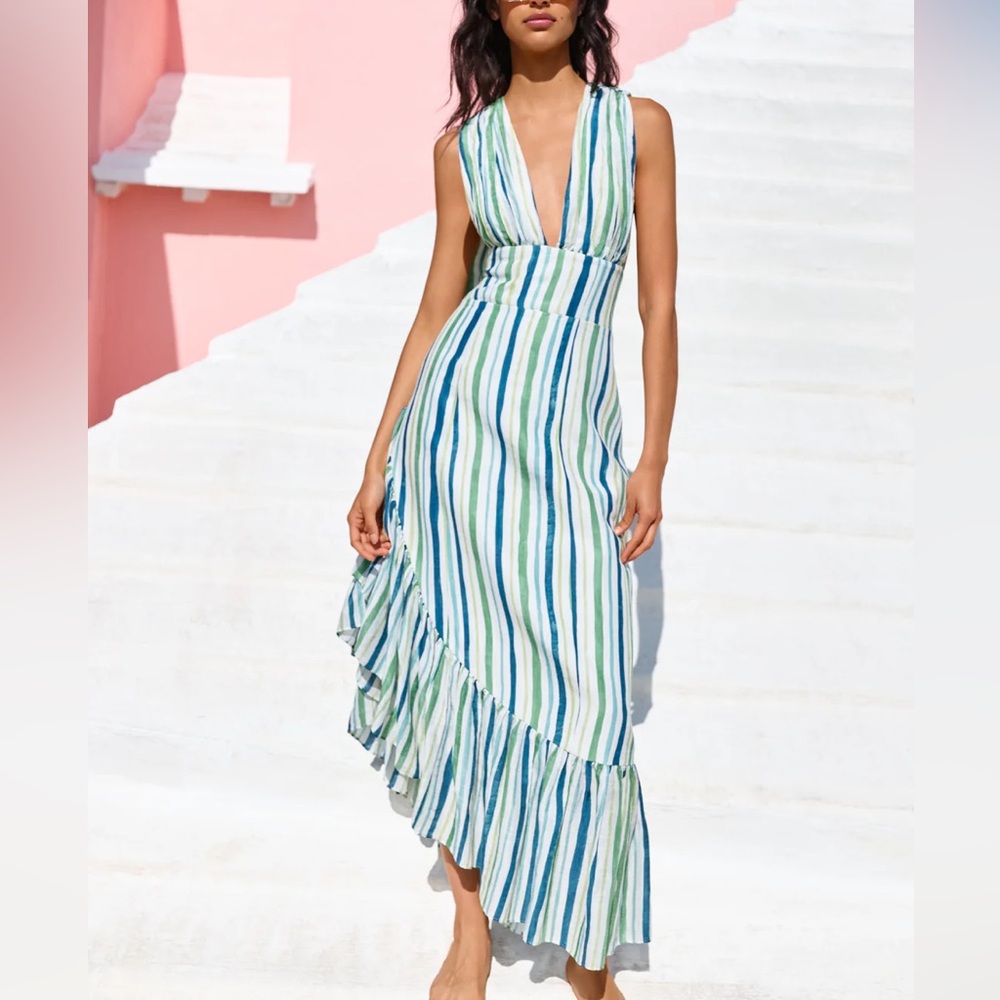 NWT Couper Gwendolyn Green and Blue Striped Ruffle Asymmetric Linen Dress